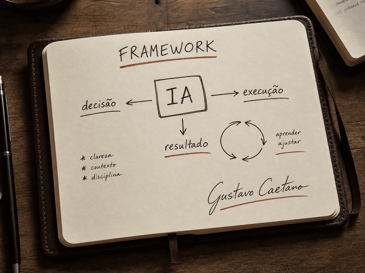 Ilustração em caderno Moleskine gerada via GPT Image para Ilustração em caderno Moleskine gerada via GPT Image para Gustavo Caetano segurando os livros Pense Simples e Faça Simples