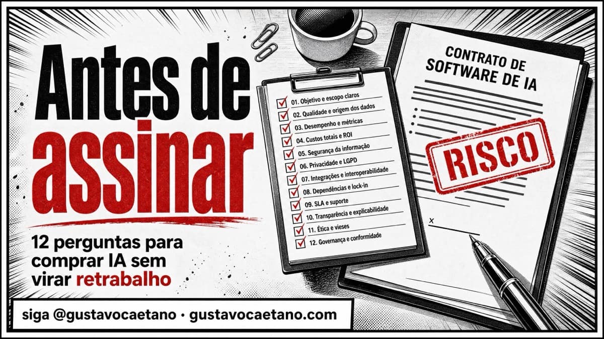 Capa editorial com contrato de software, carimbo de risco e checklist executivo de IA