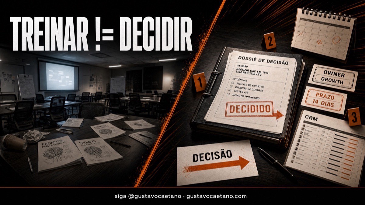 Capa editorial com sala de treinamento vazia e mesa executiva com decisões em aberto