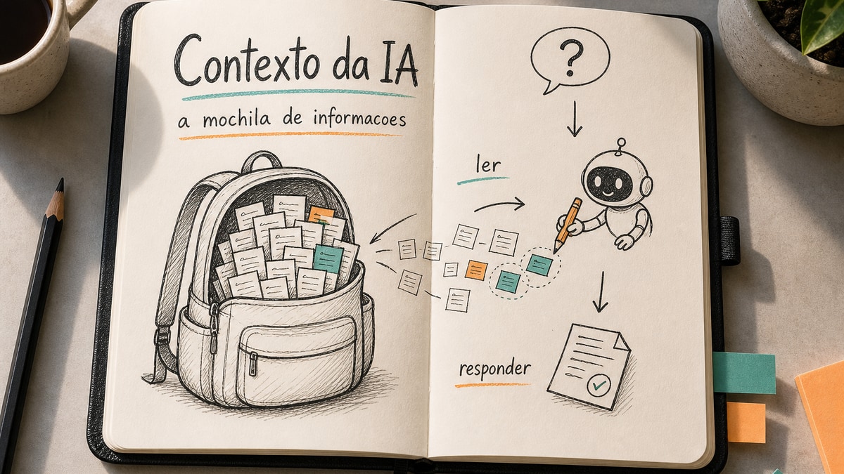 Capa estilo caderno Moleskine explicando contexto da IA como uma mochila de informações
