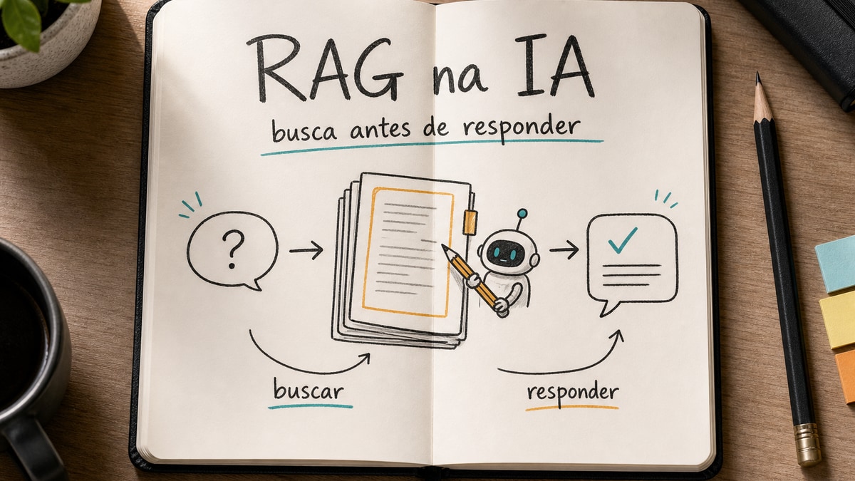 Capa estilo caderno Moleskine explicando RAG na IA como a cola antes da prova