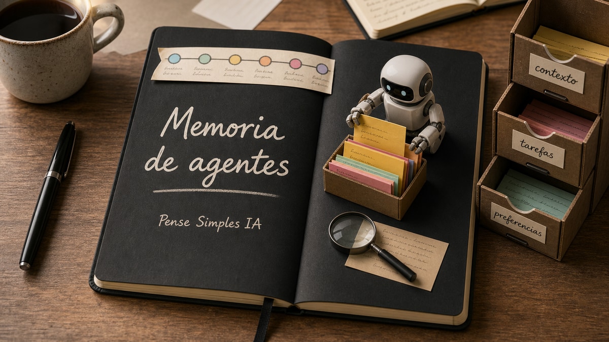 Capa estilo caderno Moleskine explicando memória de agentes de IA como um caderno do ajudante digital