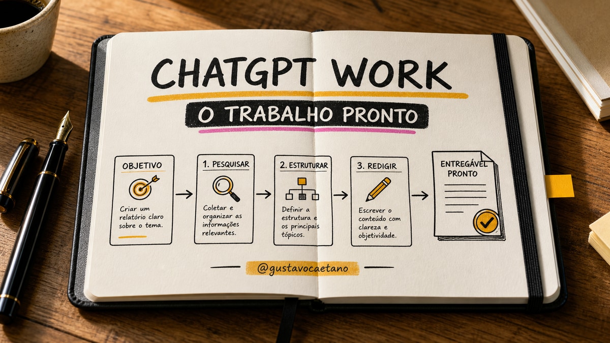 Capa estilo caderno Moleskine explicando ChatGPT Work como um colega de IA que conclui tarefas