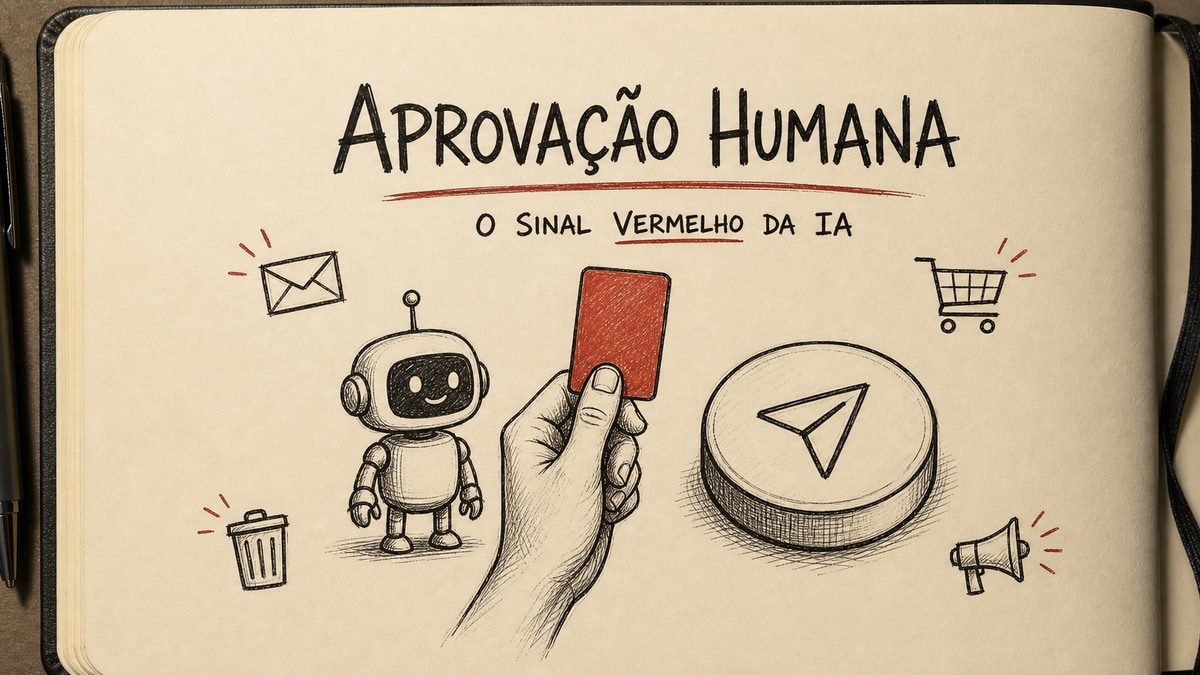 Capa estilo caderno Moleskine mostrando uma mão humana segurando um cartão vermelho diante de um pequeno robô de IA