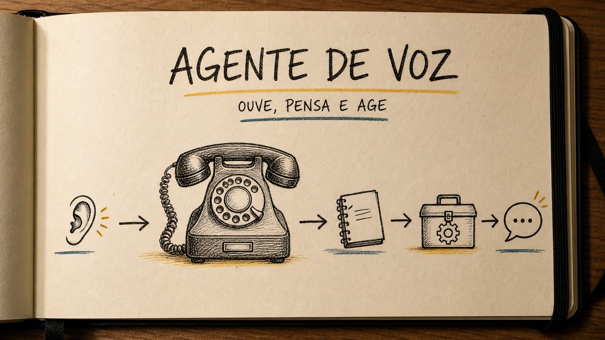 Capa estilo caderno Moleskine mostrando um telefone ligado a um ouvido, uma engrenagem e uma caixa de ferramentas
