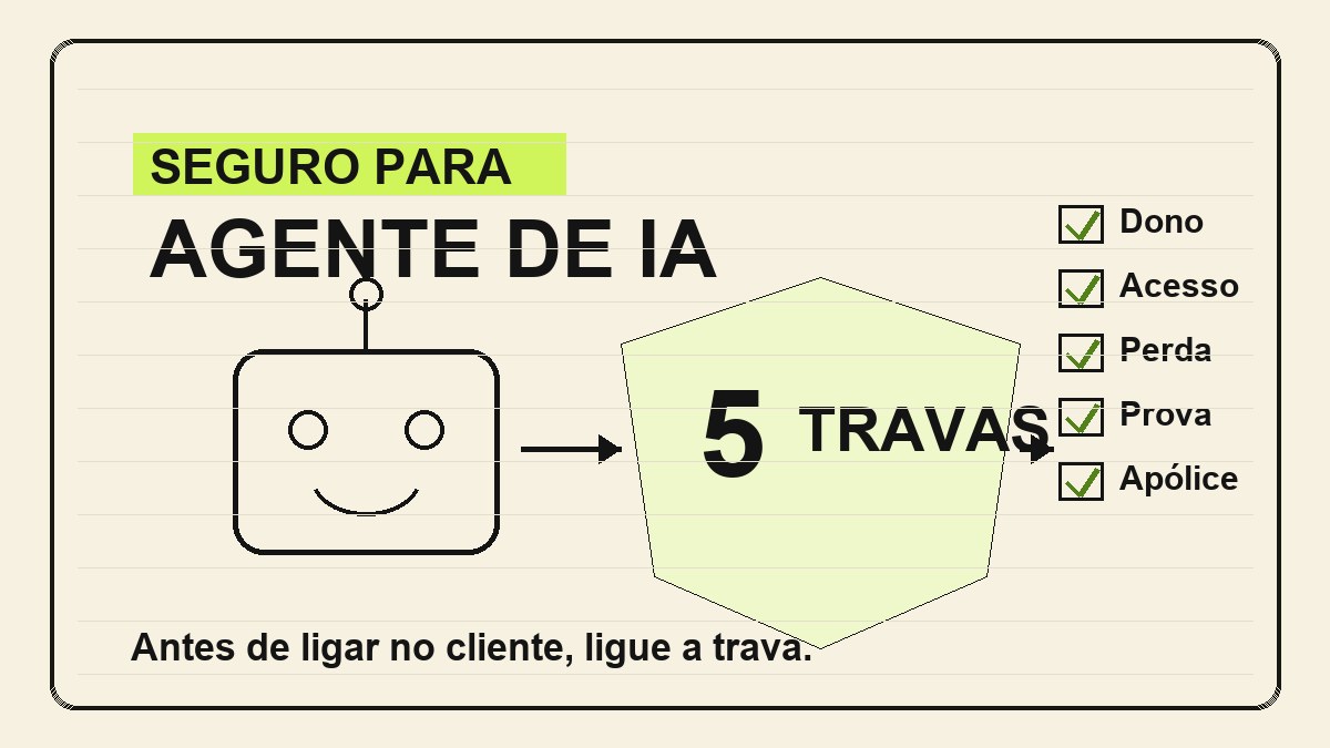Capa estilo caderno Moleskine com agente de IA, escudo, checklist e seta de aprovação humana