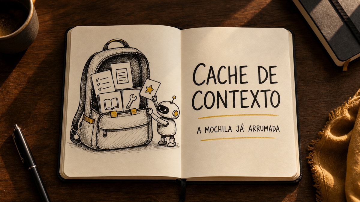 Capa estilo caderno Moleskine mostrando uma mochila aberta com instruções e documentos organizados para um pequeno robô