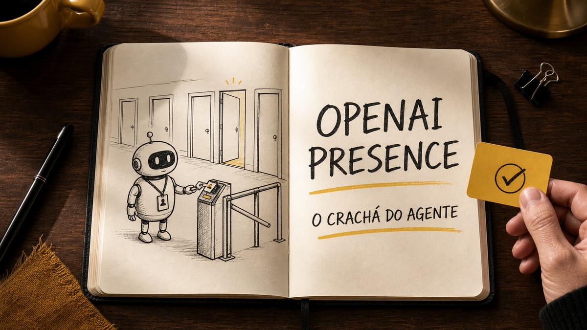 Capa estilo caderno Moleskine mostrando um pequeno robô com crachá entrando em uma empresa por uma catraca