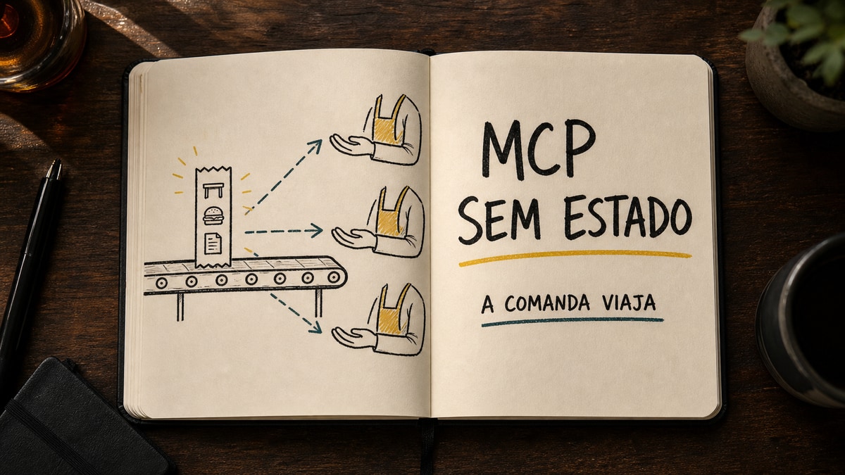 Capa estilo caderno Moleskine mostrando uma comanda completa sendo entregue a diferentes atendentes