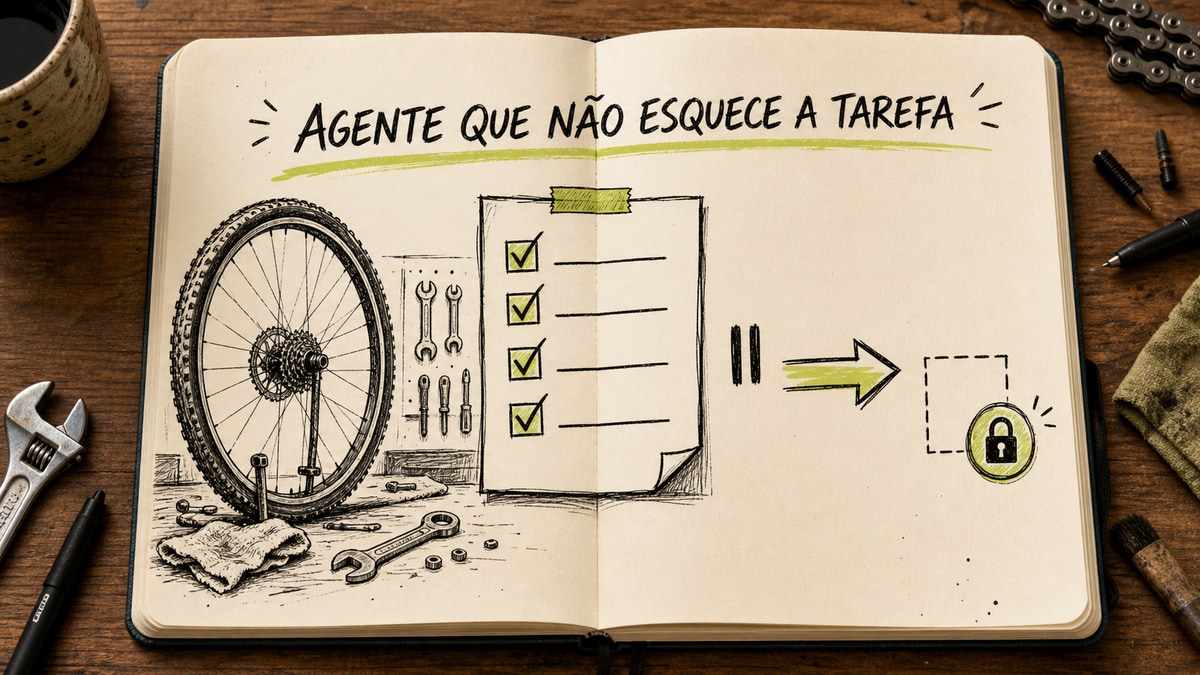 Capa estilo caderno Moleskine mostrando uma ficha de oficina que guarda as etapas de uma tarefa de IA