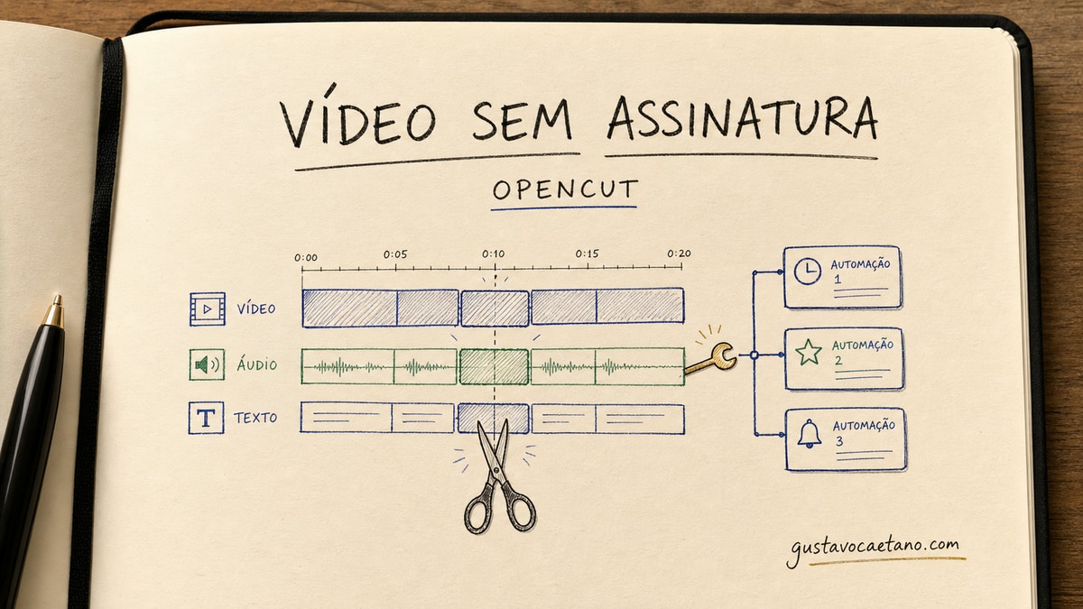Capa estilo caderno Moleskine com uma timeline de vídeo aberta, tesoura, peças coloridas e uma chave indicando um editor sem assinatura