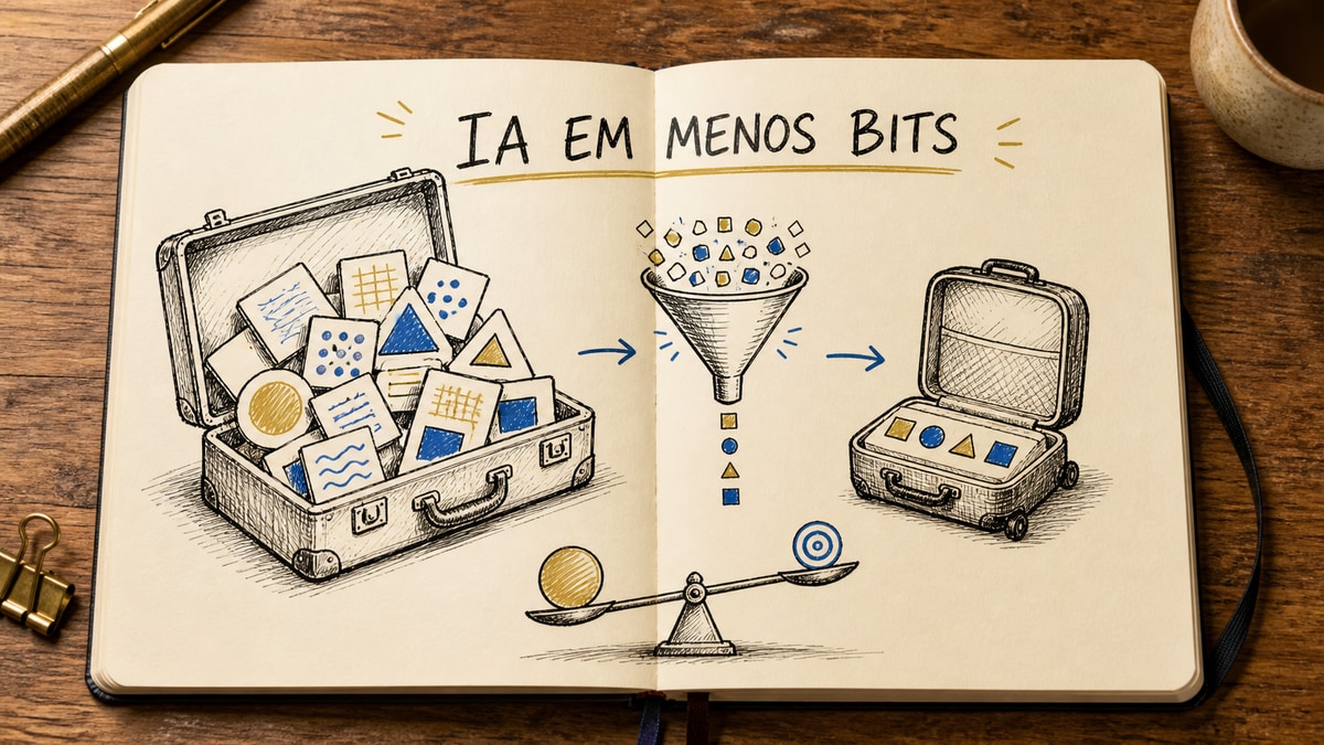 Capa estilo caderno Moleskine mostrando uma mala organizada para explicar a quantização de modelos de IA