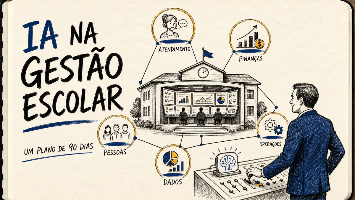 Caderno aberto com uma escola organizada como central de operações e o título IA na gestão escolar