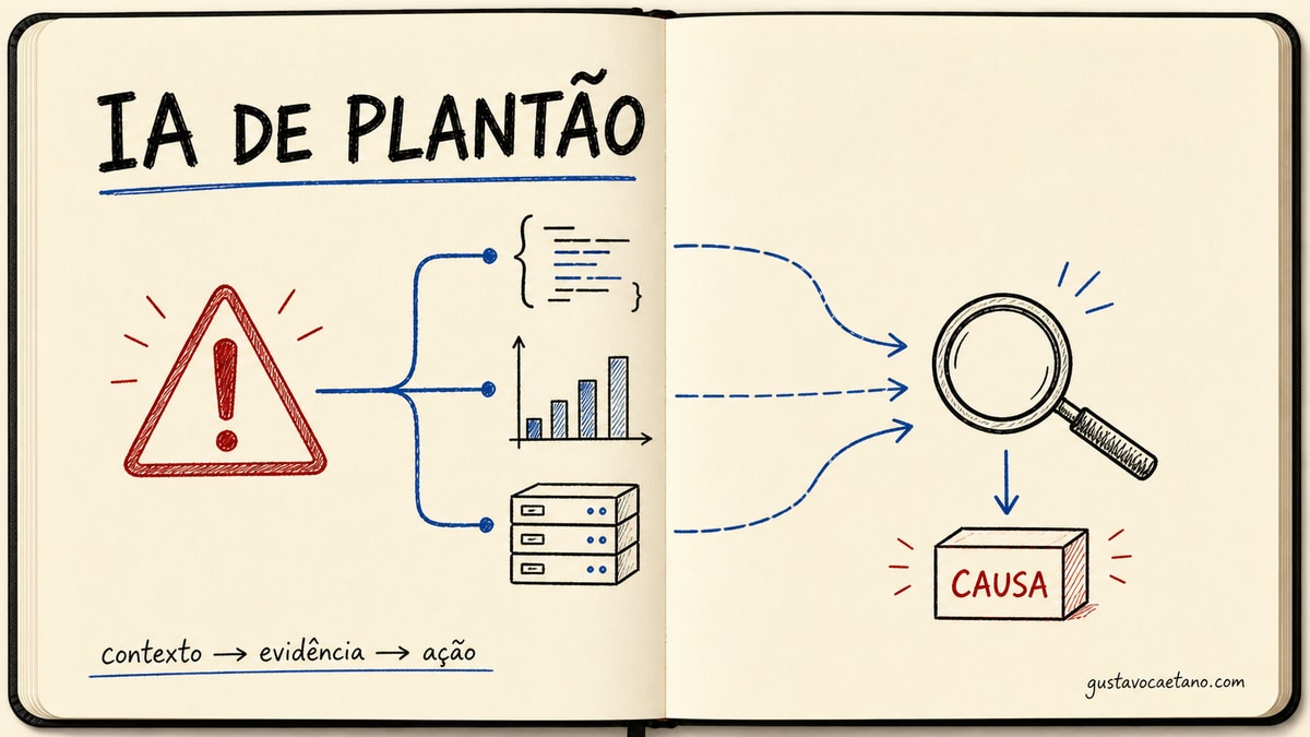 Capa estilo caderno Moleskine com um agente de IA seguindo sinais de um alerta até a causa de uma falha em produção