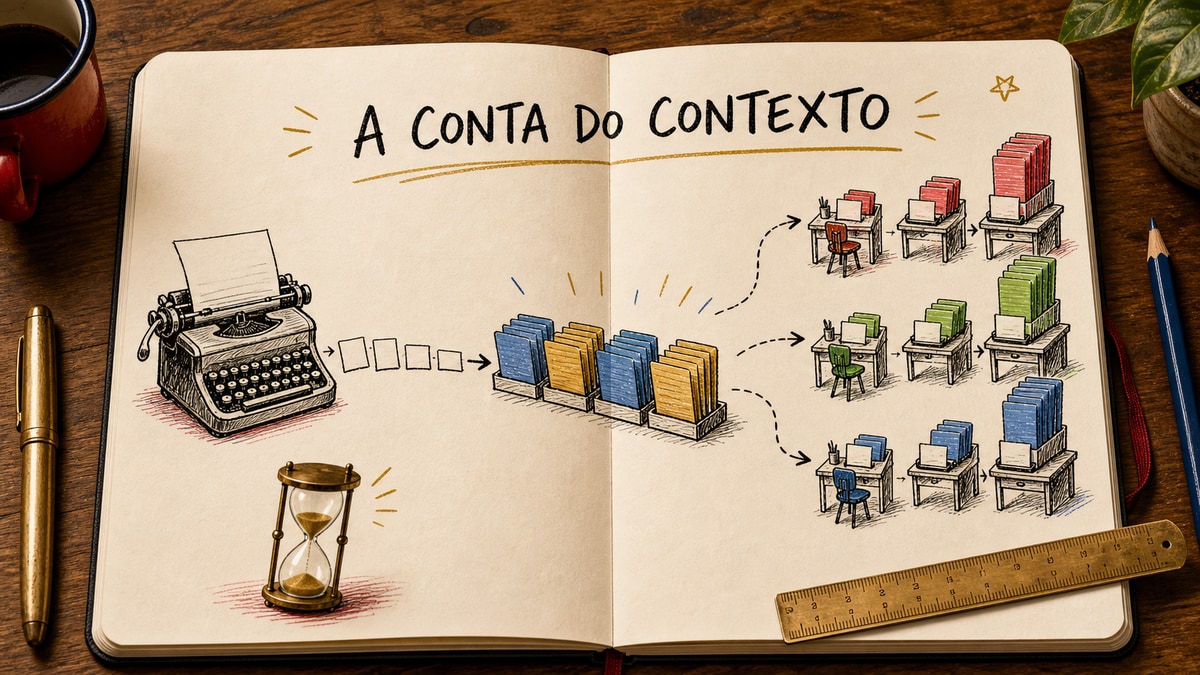 Caderno aberto com fichas de contexto guardadas ao lado de uma máquina de escrever para explicar KV cache