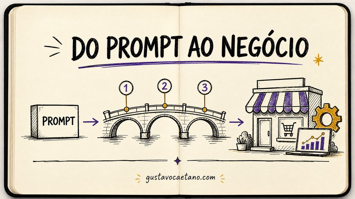 Capa estilo caderno Moleskine mostrando um prompt atravessando uma ponte e virando um pequeno negócio