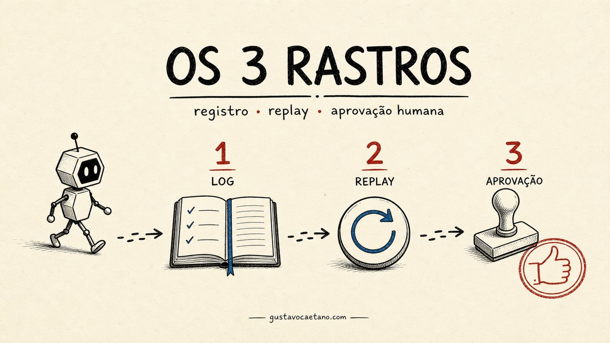 Capa estilo caderno Moleskine com um agente de IA desenhado deixando três rastros: um log, um botão de replay e um carimbo de aprovação humana