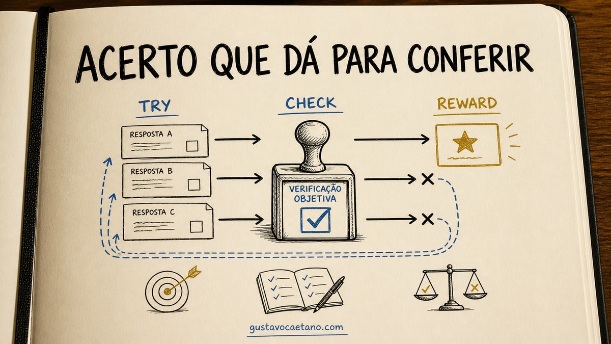 Caderno aberto com cartões de respostas passando por um carimbo de verificação para explicar RLVR