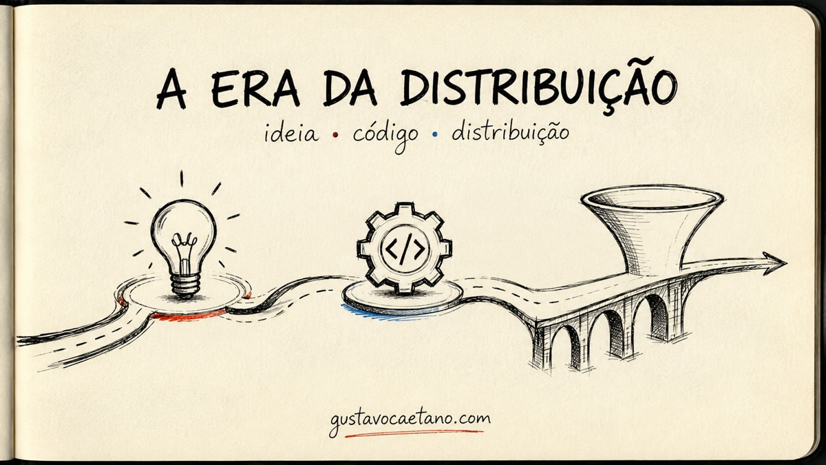 Capa em estilo caderno Moleskine com uma trilha desenhada à mão passando por três postos, ideia, código e ponte de distribuição, com um selo A ERA DA DISTRIBUIÇÃO