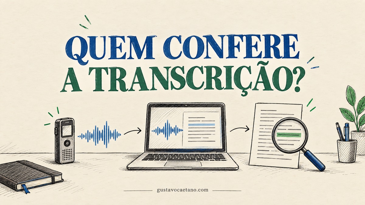 Caderno com gravador, notebook e lupa sobre uma transcrição, em azul e verde, com a pergunta Quem confere a transcrição?