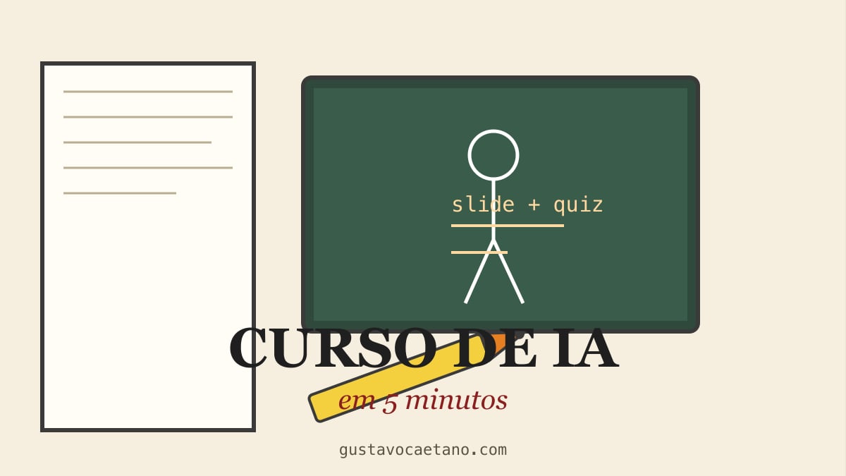 Caderno Moleskine aberto virando uma sala de aula com professor desenhado à mão, em papel creme com giz vermelho, e o título Curso de IA em 5 minutos