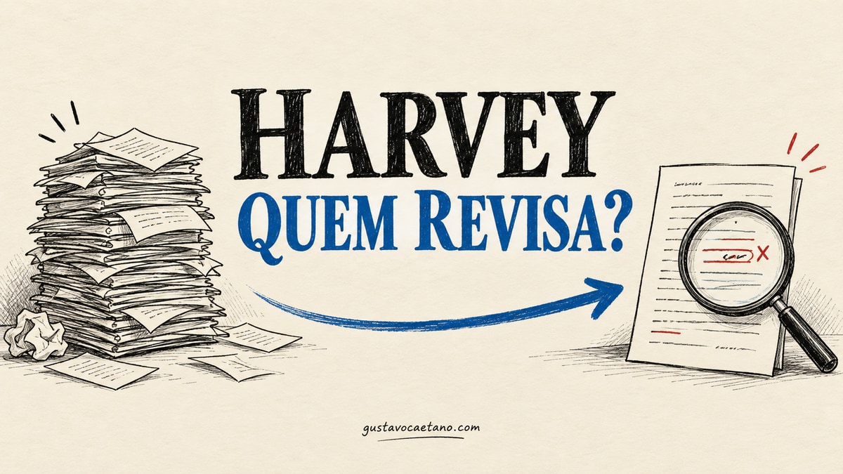 Caderno Founder Notebook com documentos, lupa de revisão e a pergunta Harvey: quem revisa? em azul e vermelho.