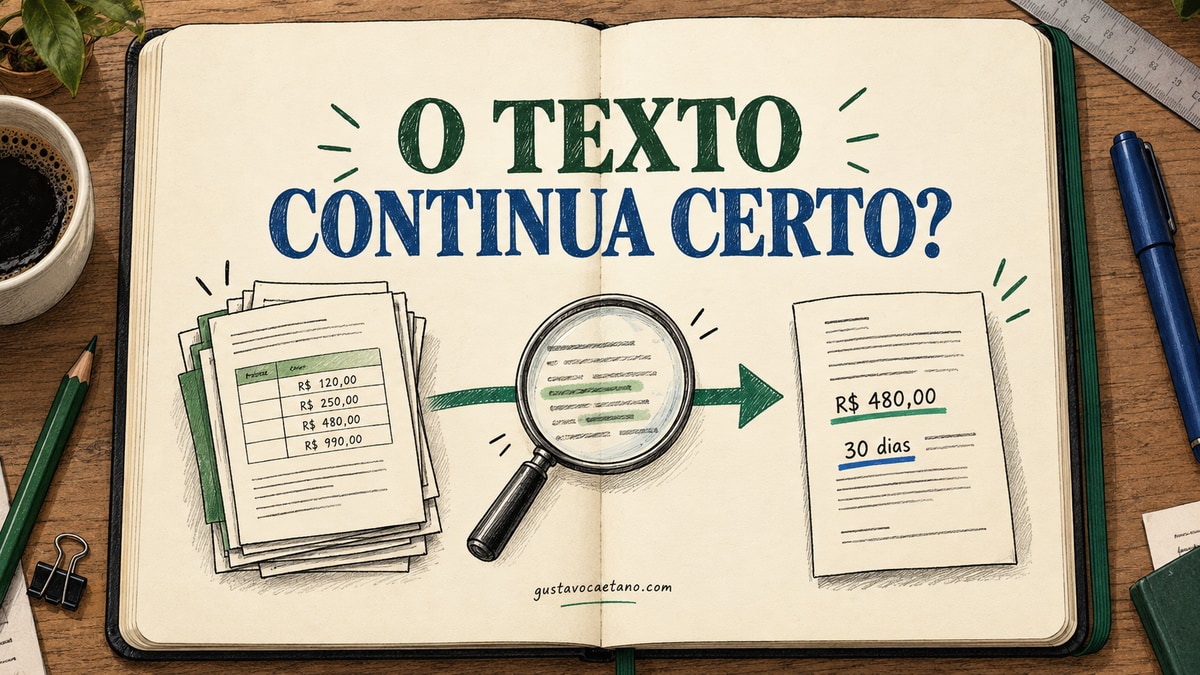 Caderno com documentos, lupa e texto revisado em azul e verde, com a pergunta O texto continua certo?