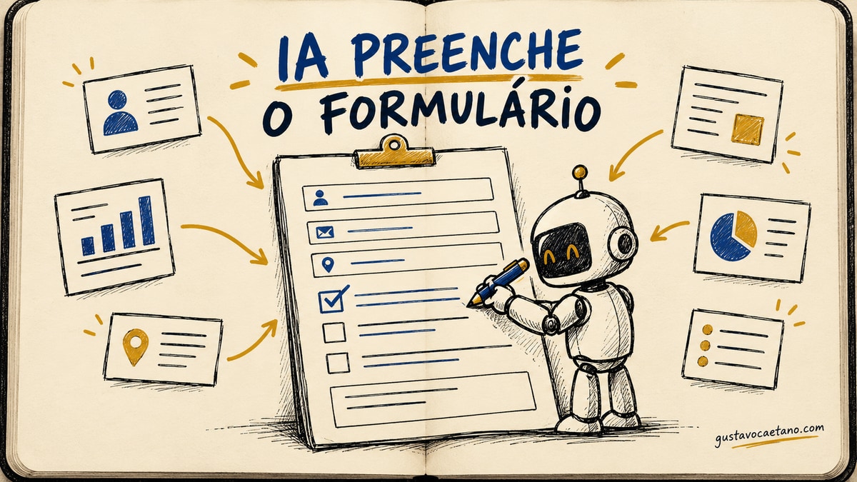 Caderno aberto com um formulário organizado sendo preenchido por um pequeno robô, para explicar saída estruturada em IA