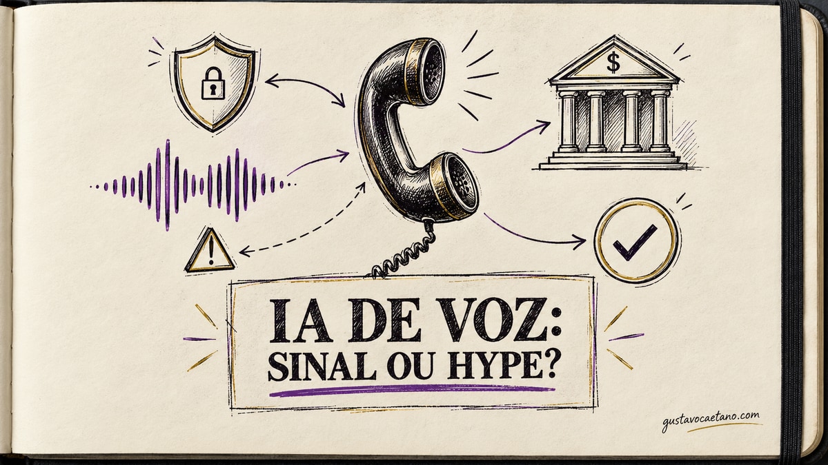 Caderno Founder Notebook com um telefone, ondas de voz, escudo, banco e o título IA de voz: sinal ou hype?