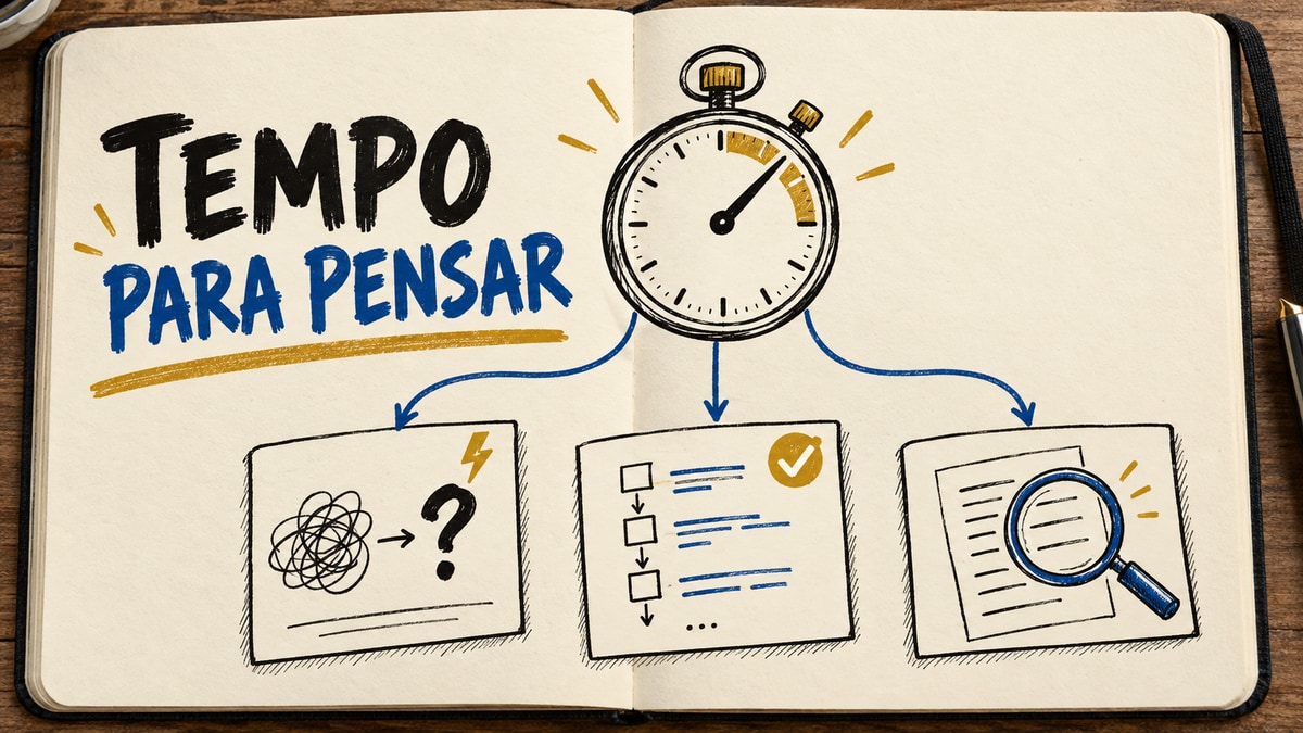 Caderno aberto com o título Tempo para pensar, um cronômetro e cartões que mostram resposta rápida, passos de raciocínio e revisão