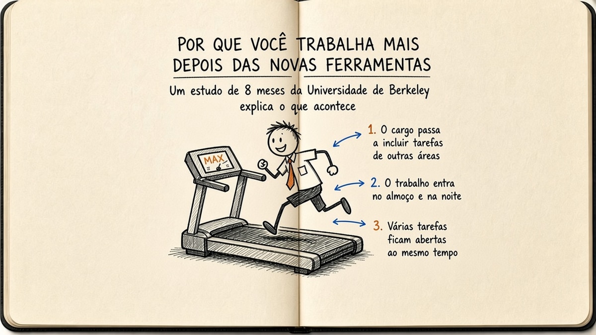 Capa em estilo caderno moleskine com um relógio cheio, prompts no almoço e três limites desenhados à mão