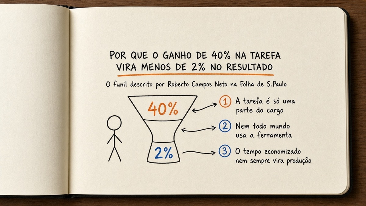Capa em estilo caderno moleskine com um funil desenhado à mão mostrando o ganho da tarefa se diluindo até o resultado da empresa