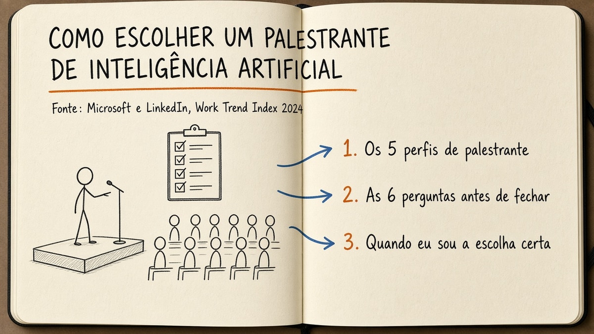 Capa em estilo caderno com o título Como escolher um palestrante de inteligência artificial e três chamadas numeradas